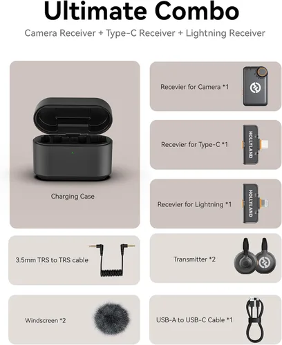 Vista 9 de Hollyland Lark M2S Ultimate Combo (cámara RX+USB-C RX+Lightning RX) Micrófono inalámbrico Lavalier para iPhone/cámara/Android/PC, micrófono