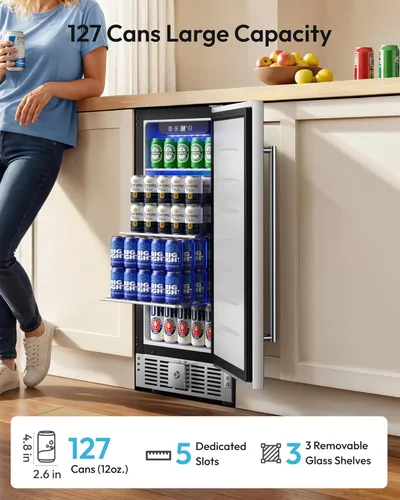 Vista 2 de EUHOMY Refrigerador de bebidas de 15 pulgadas, refrigerador de bebidas para 127 latas con puerta de acero inoxidable, enfriador de bebidas