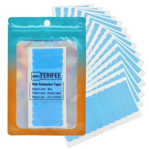 Vista 10 de 120 cintas de extensión de cabello de doble cara, cinta azul de repuesto de cabello humano de 0.31 x 1.57 pulgadas para extensiones de cabello