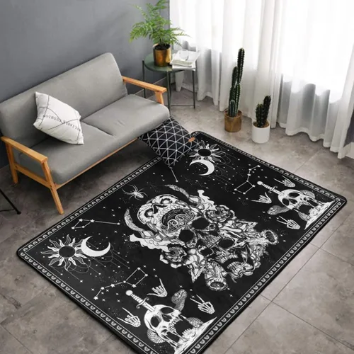 Vista 3 de Alfombra decorativa para interiores y exteriores, 60 x 39 pulgadas (diseño de calavera blanca y negra, polilla, esqueleto, mandala, luna, estrella)