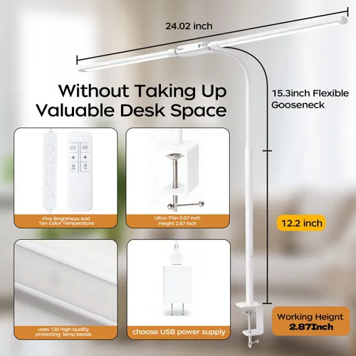 Vista 14 de Lámpara de escritorio LED con abrazadera, luz de arquitecto ajustable de doble cabeza, lámpara de escritorio para monitor de cuidado de los ojos