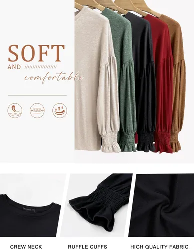Vista 5 de MIHOLL Blusa de manga larga para mujer, cuello redondo, manga farol, casual, holgada, para mujer