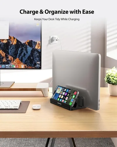 Vista 2 de Soporte vertical para portátil AboveTEK, soporte de escritorio de aluminio con 3 ranuras y base ajustable para tableta, MacBook, teléfono - Ajuste