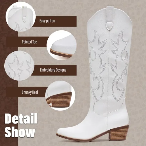 Vista 3 de Eteridrey Botas vaqueras bordadas para mujer, botas vaqueras occidentales con punta puntiaguda, tacón alto y grueso, botas altas hasta la rodilla