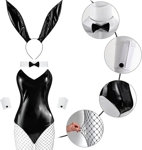 Vista 2 de 9 Pcs Bunny Girl Outfit Halloween Lingerie and Tails Bodysuit Stockings Rabbit Costume Set for Women Bunny Suit Cosplay Party