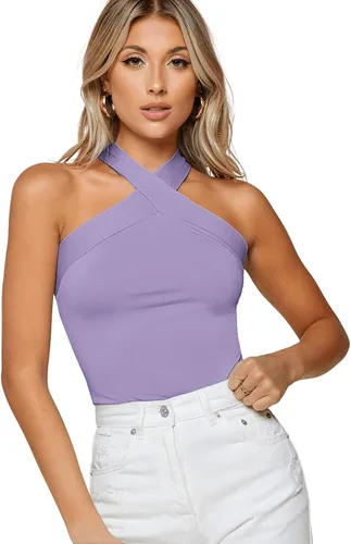 Vista 8 de Floerns Camiseta sin mangas con cuello halter cruzado para mujer Un negro