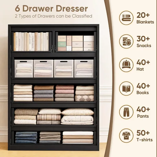 Vista 4 de Romorgniz - Cómoda negra para dormitorio con 6 cajones de madera, sin mango, 43.2 pulgadas de alto Modern Solid Chests of Drawer for Living Room