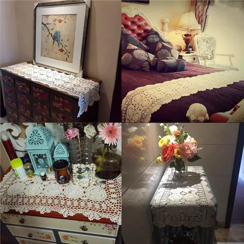 Vista 2 de Damanni Camino de mesa rectangular de algodón hecho a mano con encaje de ganchillo, tapetes decorativos para mesa y tocador, 16 pulgadas por 27 Beige