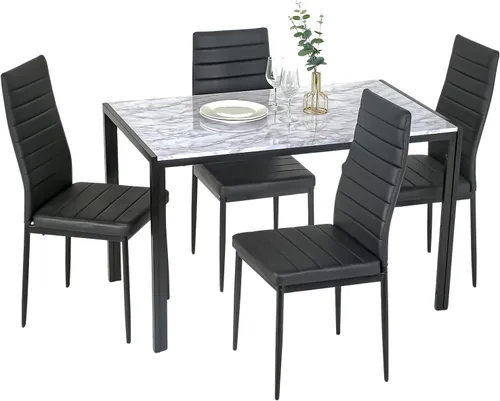Vista 8 de Juego de mesa y sillas de comedor PayLessHere, moderna mesa rectangular de mármol con tapa y 4 sillas de cuero PU para comedor y cocina, mármol negro