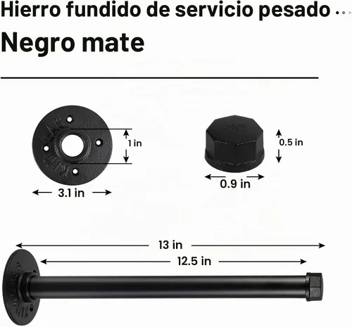 Vista 3 de 6 barras de ropa de tubería industrial de 12 pulgadas, perchero montado en la pared, negro mate