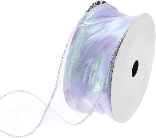 Vista 47 de MECCANIXITY - Cinta de organza con cable de 1 1/2" de ancho, brillante, transparente, con brillo irisado en tonos pastel, cinta de gasa para Beige