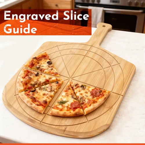 Vista 5 de Pizarra de madera de 12 pulgadas con tamaños grabados, tabla de cortar de pizza de bambú multiusos, cáscara de pizza de madera, espátula de pizza
