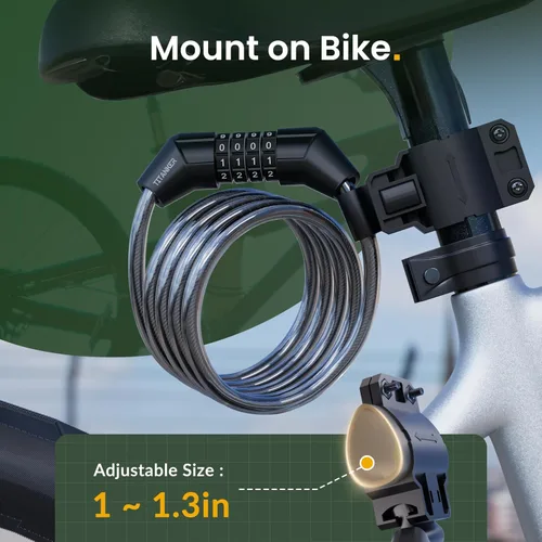 Vista 7 de Titanker Cable de bloqueo de bicicleta, bloqueo de cable de bicicleta de 4 pies, bloqueo de bicicleta autoenrollable básico para niños, combinación