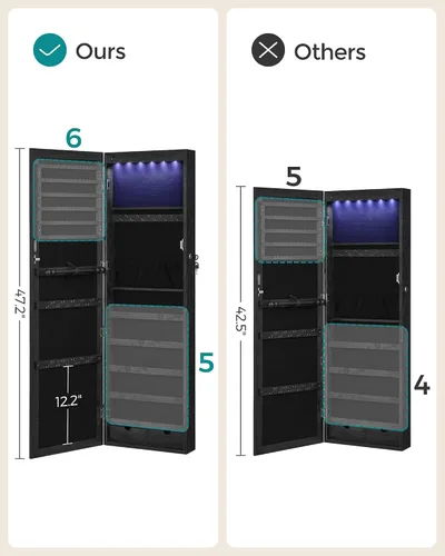 Vista 7 de Songmics - UJJC093B01 - Armario para joyas que se puede cerrar con llave, de montaje en pared o puerta, con espejo de 6 luces LED, para Negro