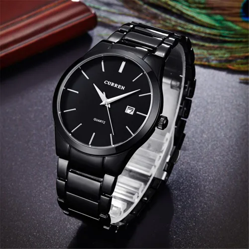 Vista 4 de Todos los relojes de acero negro para hombres clásico reloj de acero inoxidable casual negocios cuarzo analógico reloj de pulsera con calendario 8106