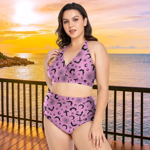 Vista 4 de Bikini de 2 piezas para mujer, talla grande, cintura alta, cuello halter, fruncido, control de abdomen Murciélagos Cruces Estrellas
