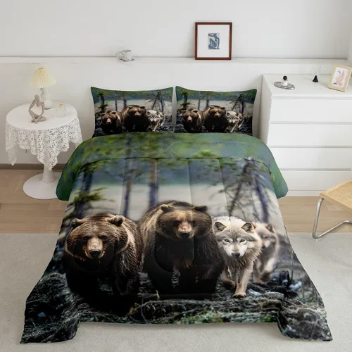 Vista 2 de Erosebridal Juego de edredón tamaño individual de animales del bosque, juego de ropa de cama de oso marrón para niños y niñas, edredón de plumón