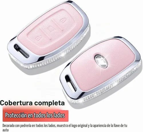 Vista 3 de Funda para llave inteligente con llavero, de piel auténtica color rosa, con cristales, carcasa protectora