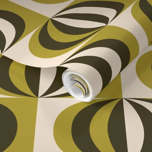 Vista 2 de Muestra de papel tapiz extraíble, rayas de mediados de siglo, color verde oliva, negro, blanco, círculos geométricos modernos de mediados de siglo