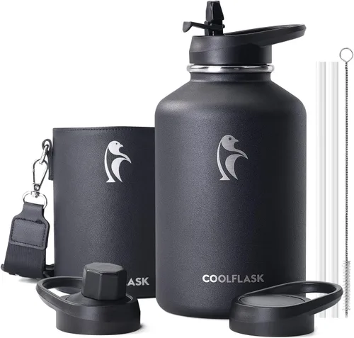 Vista 9 de Coolflask Botella de agua de 64 onzas aislada con funda de cuero PU, botella de agua de medio galón con contraste de color y tapa con popote, jarra