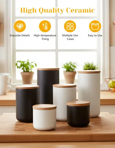 Vista 5 de YYW - Recipientes de almacenamiento de alimentos de cerámica con tapas, tarro de almacenamiento de alimentos de 27.1 fl oz/27oz Black Kitchen