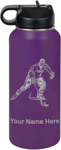 Vista 41 de LaserGram Botella de agua personalizada, jugador de hockey, acero inoxidable de doble pared aislada al vacío con popote superior, regalo grabado
