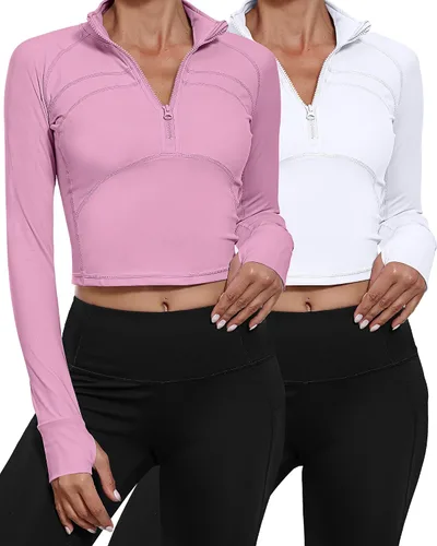 Vista 2 de Neer Paquete de 2 chaquetas de manga larga para mujer, con cremallera de 12, ombligueras de yoga, ajustadas, para correr, con agujeros para el pulgar