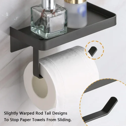 Vista 4 de Soporte adhesivo de papel higiénico con estante, soporte de rollo de papel higiénico de acero inoxidable 304, dispensador de papel higiénico