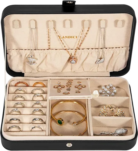 Vista 2 de LANDICI - Caja de joyería pequeña para mujeres y niñas, estuche organizador de joyería de viaje de cuero PU, soporte portátil para almacenamiento