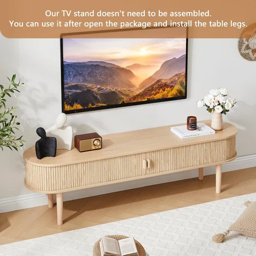 Vista 7 de Soporte de TV, mesa consola multimedia acanalada totalmente montada con puertas correderas, centro de entretenimiento moderno con almacenamiento