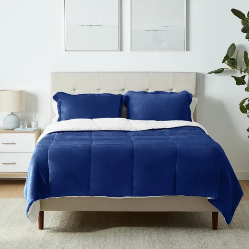 Vista 18 de Amazon Basics - Juego de ropa de cama de 3 piezas, Micromink Sherpa, ultrasuave, edredón cálido para todas las estaciones, tamaño Full/Queen, negro