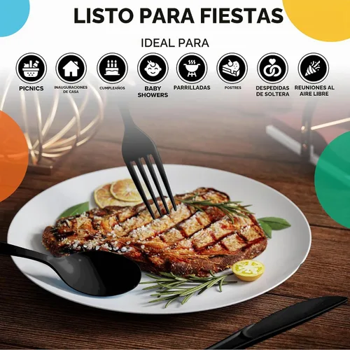 Vista 6 de Party Solids Cubiertos de plástico negro resistente, 150 piezas, cubiertos desechables negros, juegos de utensilios, 50 de cada tenedor, cuchillos