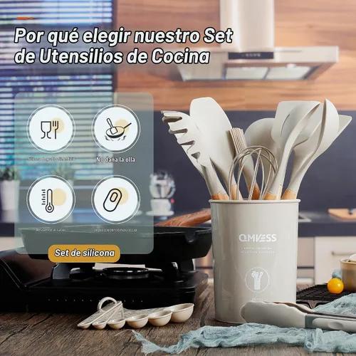 Vista 2 de QMVESS Juego de utensilios de cocina de silicona, 35 piezas, antiadherentes, aislamiento resistente, mango de madera, accesorios de cocina
