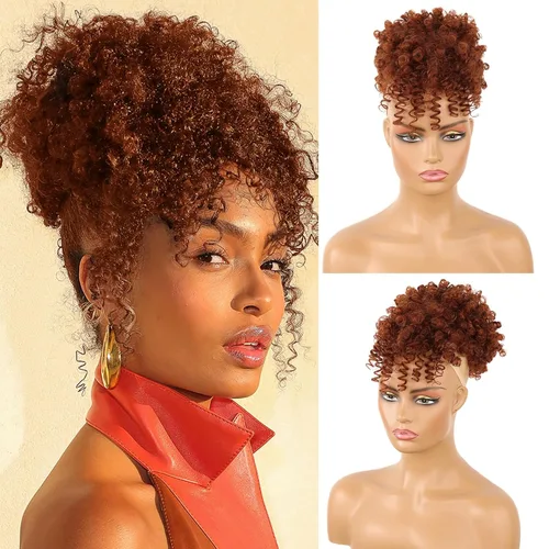 Vista 8 de Cola de caballo con cordón y flequillo, extensiones de cola de caballo afro para mujer, cola de caballo corta y rizada con flequillo con clip para 1b