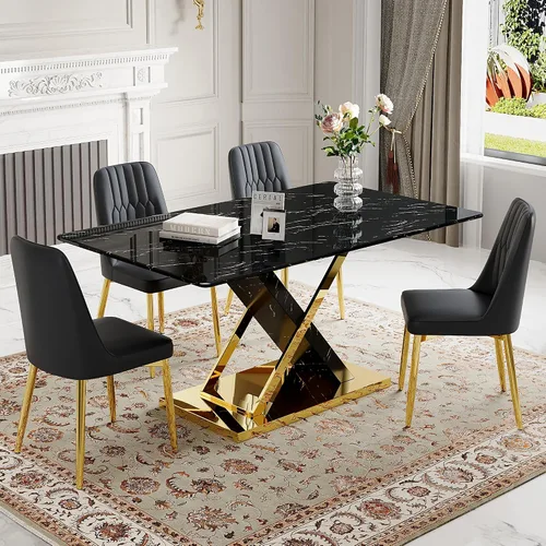 Vista 38 de Juego de mesa de comedor de mármol para mesa rectangular blanca de 6.63 pulgadas con marco de metal plateado en forma de X y 6 sillas de comedor