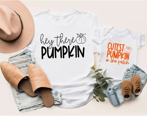 Vista 3 de Camisas de otoño para mamá y yo, calabaza Hey There Pumpkin, camisa de calabaza más linda en el parche, trajes de otoño para mamá y yo, trajes a