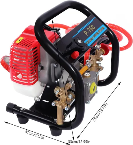 Vista 2 de Pulverizador de polvo de niebla de alta presión de 26CC de 2 tiempos, máquina de pulverización agrícola de gasolina de mano 0.9HP, pulverizador a