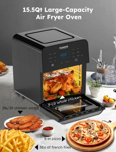 Vista 5 de [Usado] NuWave Brio 15.5Qt Horno y freidora de aire con asador, tamaño X-grande para familia, potente 1800W, 4 posiciones de parrilla, controles