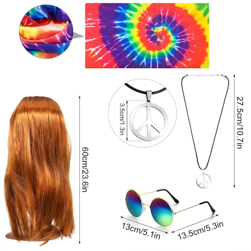 Vista 3 de El disfraz hippie de 5 piezas incluye una camiseta colorida de teñido anudado, peluca marrón dorado, collar de signo de la paz, diadema y lentes
