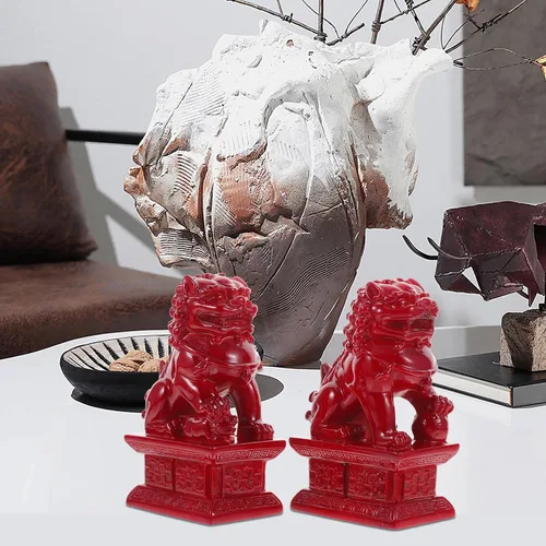 Vista 2 de BESTOYARD 1 par de adorno de león de piedra asiática estatua de león Fu Perros Estatua de animales salvajes Estatua de Feng Shui Estatuas
