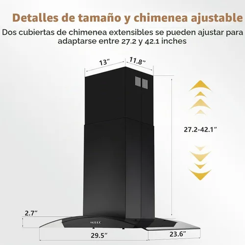 Vista 4 de JOEAONZ Campana extractora isleña negra de 30 pulgadas, 700 CFM, campana de ventilación de cocina de acero inoxidable con conductos/sin conductos