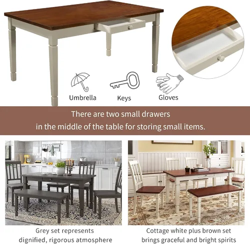 Vista 4 de Juego de mesa de comedor de madera de 60 pulgadas de largo con cajones pequeños, banco y 4 sillas de diseño ergonómico, juego de mesa de comedor