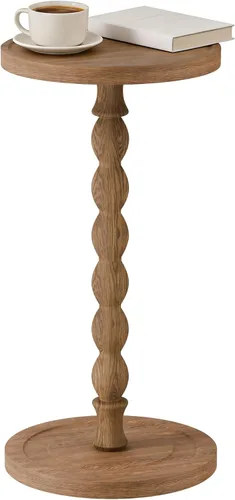 Vista 10 de Mesa auxiliar redonda pequeña, mesa de madera de acacia para espacios pequeños, mesas decorativas modernas, mesas auxiliares de café con pedestal