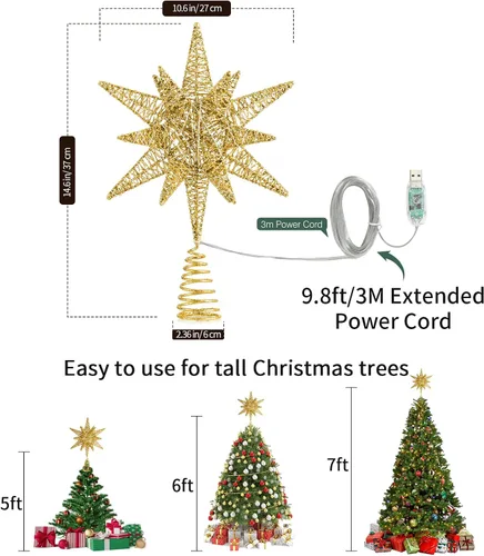 Vista 5 de Lewondr - Estrella para punta de árbol de Navidad, alimentación USB, control remoto, diseño hexagonal multicapa de 11 pulgadas, 8 modos de luz