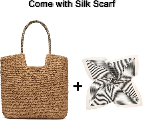 Vista 3 de Rejolly Bolso de mano de paja para mujer, para playa, verano, vacaciones, estilo bohemio, de ratán, bolso grande de hombro tejido