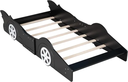 Vista 5 de anwickjeff Cama de plataforma en forma de auto de carreras con ruedas, cama de plataforma de madera tamaño individual con barandilla, cama