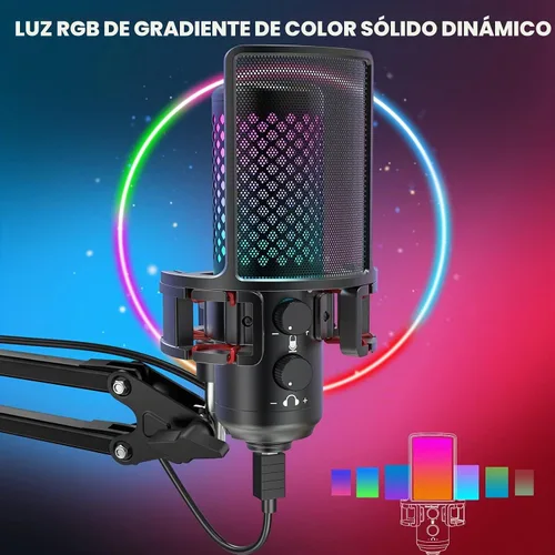 Vista 6 de ZealSound Micrófono USB para iPhone, iPad, teléfono, PC, micrófono RGB para juegos con metal completo, silencio, filtro pop, ganancia