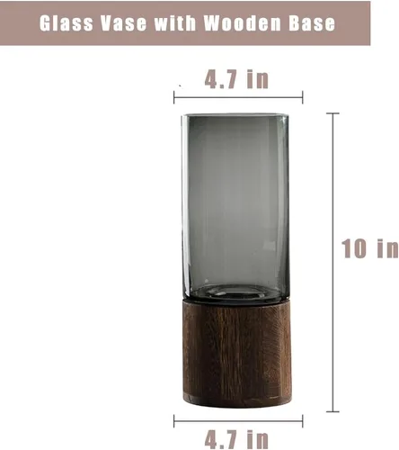 Vista 8 de Jarrón de vidrio de madera artístico, 10 pulgadas de alto, jarrón cilíndrico con base de madera, estilo rústico clásico bohemio para chimenea