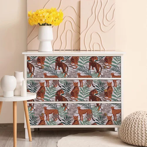 Vista 2 de CRE8TIVE Papel tapiz de animales de tigre y leopardo, hojas exóticas de selva tropical, papel tapiz de despegar y pegar, papel tapiz de 12 x 118