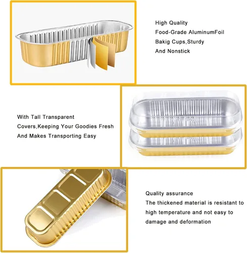 Vista 5 de 100 juegos de mini moldes para pasteles con tapas, mini moldes para pan, moldes rectangulares de aluminio para hornear, recipientes para ramequines